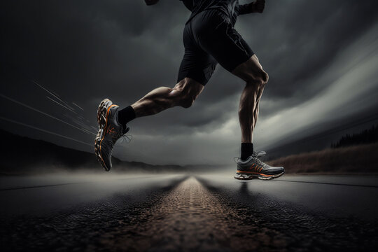 Runner Running On The Road Wearing Sports Shoes, Runner On Road, Spring Season, Generative Ai