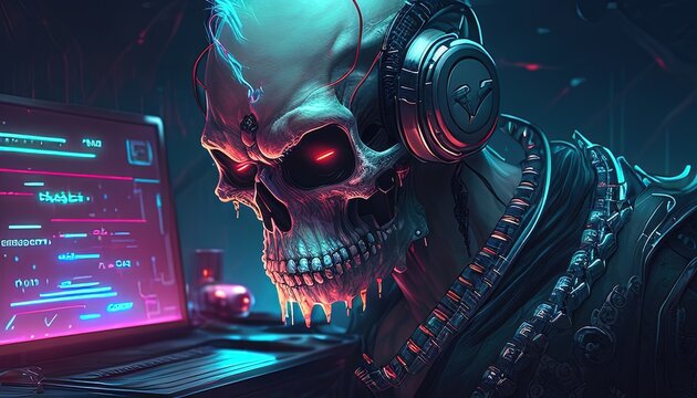 cyberpunk skull DJ digital art illustration, Generative AI