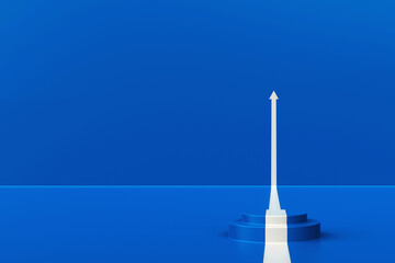 Front view of white arrow climbing up over a podium on blue background. Business concept of goals, success, ambition, achievement and challenges, 3D rendering