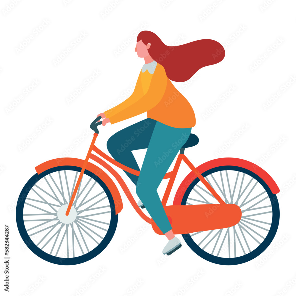 Sticker woman in red bicycle