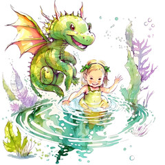 Obraz premium Adorable Fairy Girl and Baby Dragon Explore Enchanted Pond - Transparent PNG, Generative AI