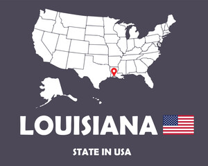 Louisiana state of USA text design with America flag and white silhouette map.