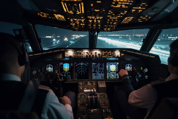Fototapeta premium Inside cockpit on ground at an airport, both pilots are operating the airplane moving to the runway. Generative AI.