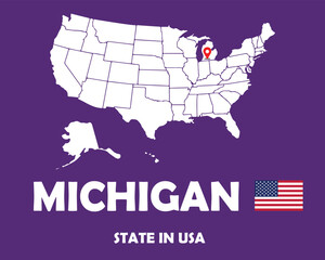 Fototapeta na wymiar Michigan state of USA text design with America flag and white silhouette map.