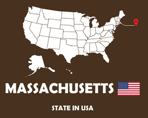 Fototapeta na wymiar Massachusetts state of USA text design with America flag and white silhouette map.