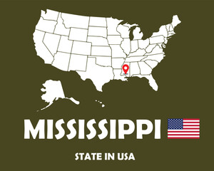Fototapeta na wymiar Mississippi state of USA text design with America flag and white silhouette map.