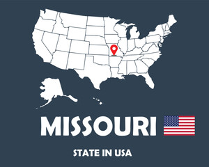 Fototapeta na wymiar Missouri state of USA text design with America flag and white silhouette map.