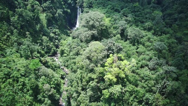 Aerial documentary of waterfall in the forest