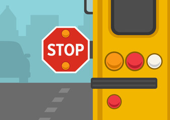 Driving rules and tips. Back view of school bus with an extended stop sign. Close-up view. Flat vector illustration template.
