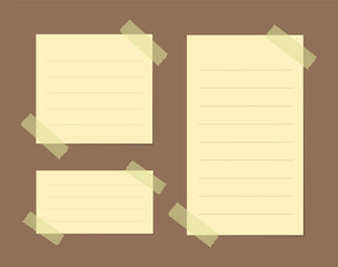 Yellow sticky note illustration set. Taped office memo paper template mockup.