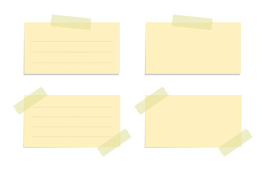 Yellow sticky note illustration set. Taped office memo paper template mockup.