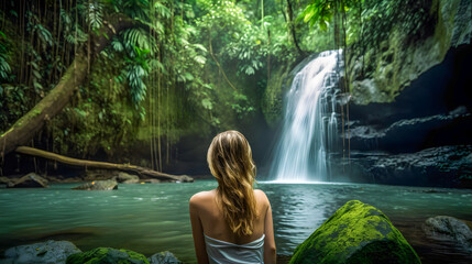 Fototapeta premium woman is standing on a rock in front of a waterfall in a lush green jungle, Generative Ai