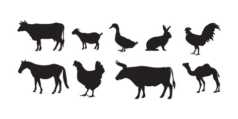 Farm Animals Silhouettes Isolated on White Background Vector