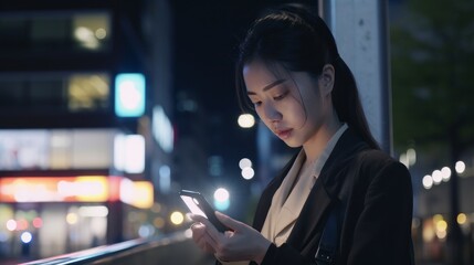 close up portrait view of asian business woman formal suit cloth hand using smartphone data searching at night after work night  lifestyle,image ai generate