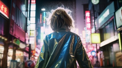 Obraz premium rear view of smart female woman running action fashion photo shoot style with downtown urban city with advertising billboard and traffic street light night active lifestyle,image ai generate