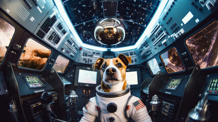 active cute dog flying into space with an astronaut costume and helmet in spacecraft control room image ai generate