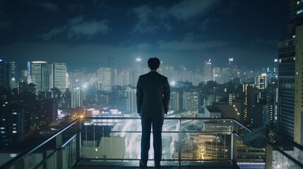 Fototapeta na wymiar rear view of businessman in formal suit standing on roof top high rise building against urban downtown city building looking down traffic light street transportation night city ,image ai generate