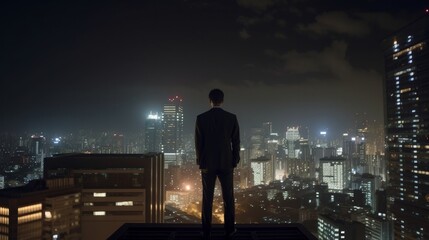 Fototapeta premium rear view of businessman in formal suit standing on roof top high rise building against urban downtown city building looking down traffic light street transportation night city ,image ai generate