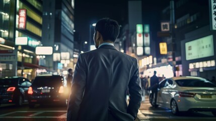 rear view of businessman formal suit standing at street intersection urban downtown city full of car transportation and advertising neon billboard night lifestyle, image ai generate