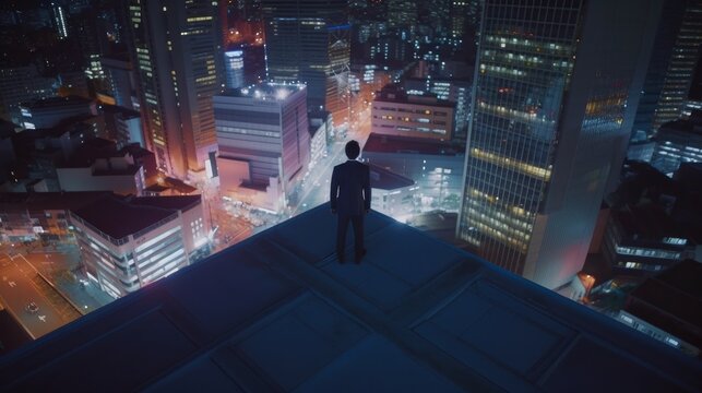  Rear View Of Businessman In Formal Suit Standing On Roof Top High Rise Building Against Urban Downtown City Building Looking Down Traffic Light Street Transportation Night City ,image Ai Generate