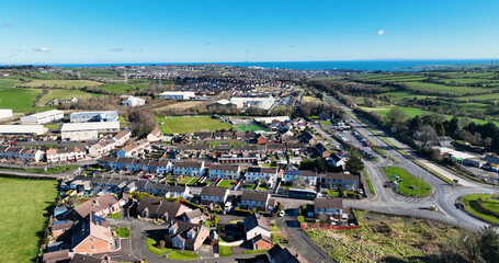 Aerial view of Residential homes and business in Millbrook Larne in County Antrim Northern Ireland