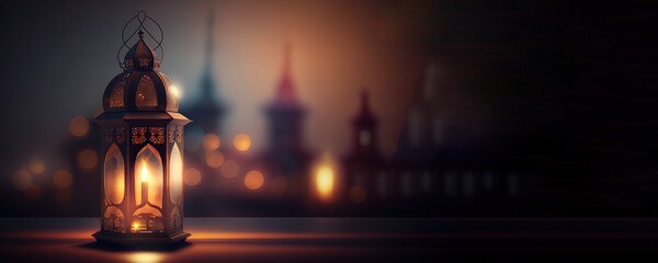 Arabic lantern Ramadan concept, copy space background. Generative AI