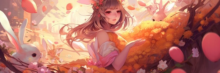 Brighten Up Your Easter: A Beautiful Artistic Colorful and Adorable Designer Easter Anime Illustration Wallpaper Perfect for Wallpaper, Cards, and Decorations Generative AI