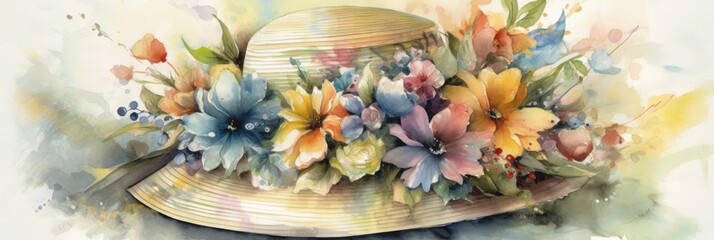 Obraz na płótnie Canvas Cute Easter Bonnet Watercolor Painting Wallpaper Design: Stunning Artistic Featuring Vibrant Hues, Intricate Details, Beautiful Patterns, Perfect for Wallpaper, Card, Decoration Generative AI