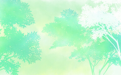 重なる木のシルエット・爽やか初夏イメージ-ふんわり水彩画テクスチャ イラスト素材 差分有