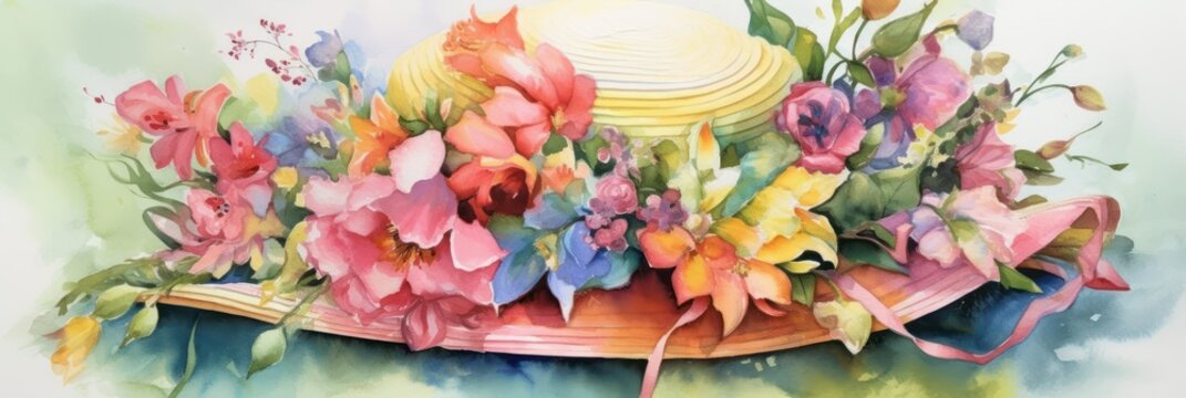 Colorful Joy: Adorable and Playful Easter Bonnet Watercolor Painting Banner Perfect for Wallpaper, Cards, and Decorations with Vibrant Hue, Intricate Detail, Beautiful Pattern Generative AI