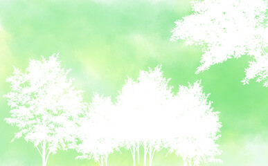 Obraz na płótnie Canvas 重なる木のシルエット・グリーン　爽やか初夏イメージ-ふんわり水彩画テクスチャ イラスト素材 差分有