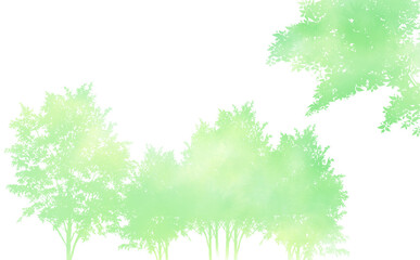 緑の木のシルエット・爽やか初夏イメージ-ふんわり水彩画テクスチャ 白背景 イラスト素材 差分有