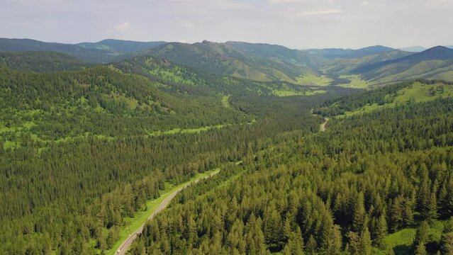 Aerial drone video of Chui tract or Chuya Highway near Seminsky mountain pass. Altai.