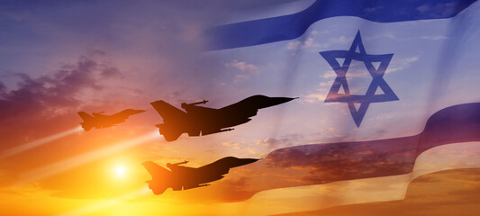 Group of aircraft fighter jet airplane. Israel flag. Independence day. 3d illustration