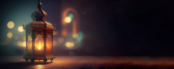 Arabic lantern Ramadan concept, copy space background. Generative AI