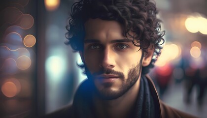 Handsome man with beard, curly hair, closeup, Ai generated 