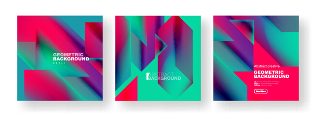 Fototapeta premium Vector set of abstract geometric poster backgrounds, colorful shapes with fluid colors. Collection of covers, templates, flyers, placards, brochures, banners