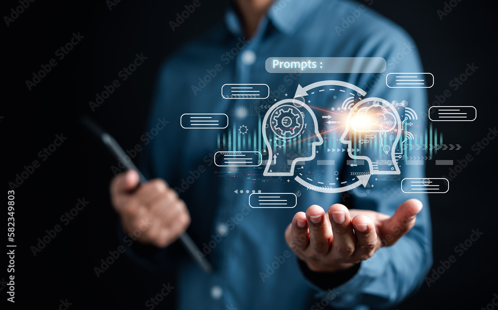 Aufkleber Businessman using chat bot intelligence Ai. Chat with AI Artificial Intelligence, developed by OpenAI generate. Futuristic technology, robot in online system.