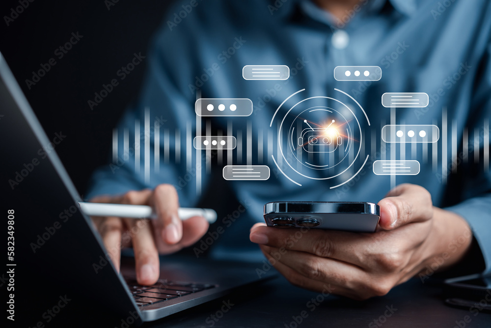 Poster Businessman using chat bot intelligence Ai. Chat with AI Artificial Intelligence, developed by OpenAI generate. Futuristic technology, robot in online system.
