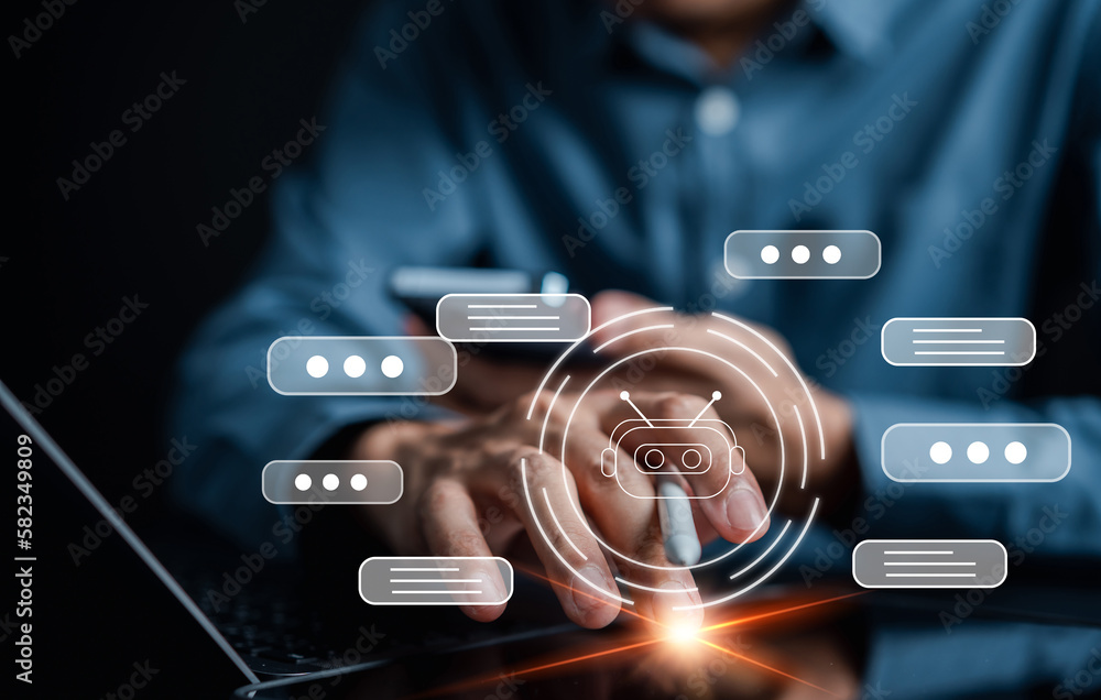 Fototapete Businessman using chat bot intelligence Ai. Chat with AI Artificial Intelligence, developed by OpenAI generate. Futuristic technology, robot in online system.