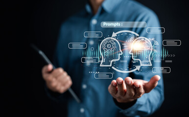 Businessman using chat bot intelligence Ai. Chat with AI Artificial Intelligence, developed by...