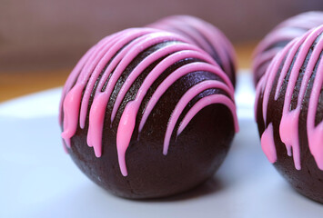 Closeup of Mouthwatering Chocolate Cake Pops Coated with Strawberry Royal Icing