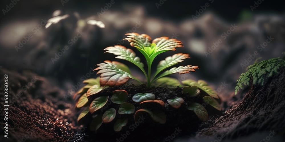 Poster macro of a plant rooted in moss, with a blurred backdrop as a metaphor for development generative ai