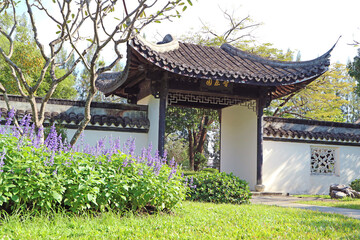 Classic Chinese Garden Surrounded by a White Wall with  Traditional Gate