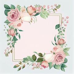 Watercolor floral illustration. Geometric frame with pink and peach flowers