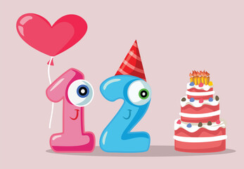 Twelve Years Anniversary Vector Card Template Design. Festive party event for 12th years celebration 
