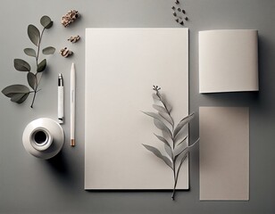 Flatlay Paper Mockup on Table, Modern and Minimalistic Design Created with Generative AI