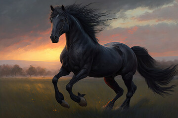 Obraz na płótnie Canvas a black horse is galloping on its hind legs with its tail spread out and it's tail spread out, generative AI