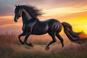 a black horse is galloping on its hind legs with its tail spread out and it's tail spread out, generative AI