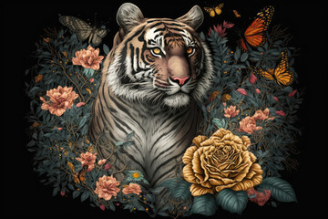 painting of a tiger with flowers, generative AI